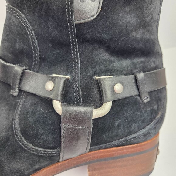 UGG Endell Black Suede Shearling-Lined Moto Boots With Buckle Accents Size 7 - Picture 16 of 16